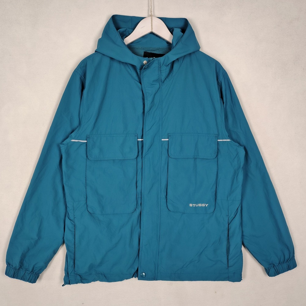 Stussy Mens Teal Blue Hooded Windbreaker Jacket Mesh Lined Reflective Medium